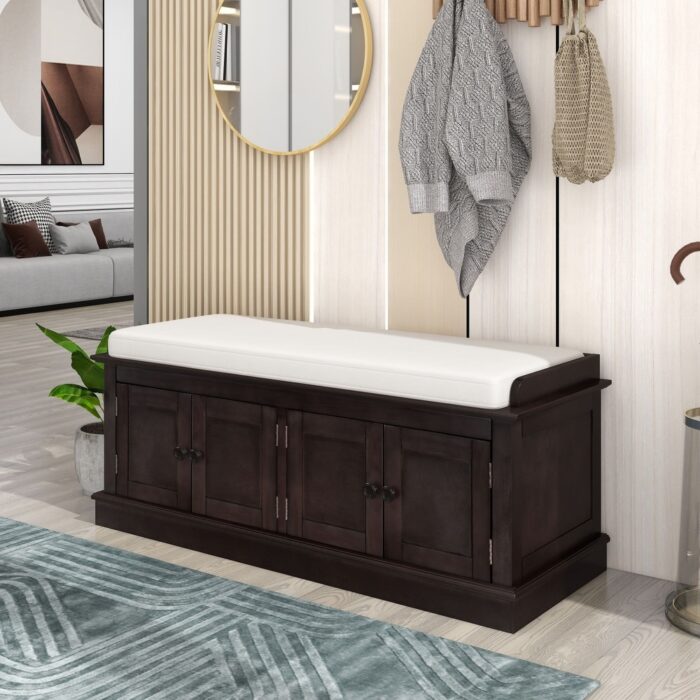 Home Collection Storage Bench w/ 4 Doors & Adjustable Shelves w/ Shoe Storage & Removable Cushion for Entryway Standard Benches
