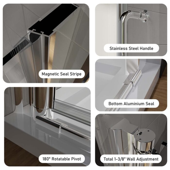 AUKFA Pivot Frameless Glass Shower Door, Silver - Image 2