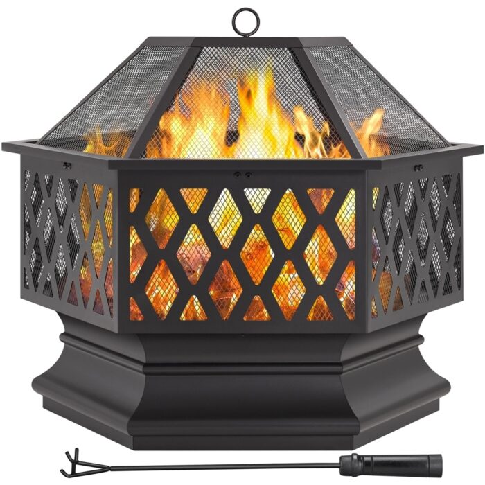 Yaheetech 28" Hex-Shaped Fire Pit Outdoor Fire Pit Wood Burning Metal Firepit Bowl with Spark Screen - N/A