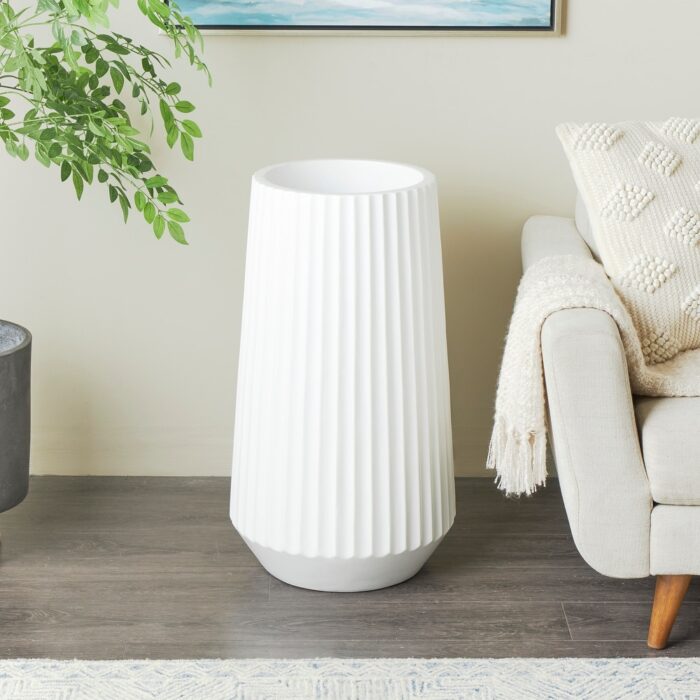 White Resin Large Ribbed Floor Vase
