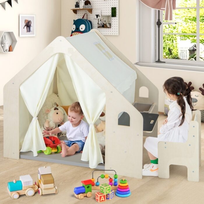 Montessori Style Indoor Playhouse with Storage Bin and Floor Mat for Toddlers Aged 2-6 Years Old-Beige - Image 2