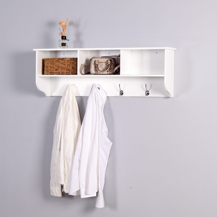 YC Entryway Wall Mounted Coat Rack with 4 Dual Hooks Living Room Wooden Storage Shelf