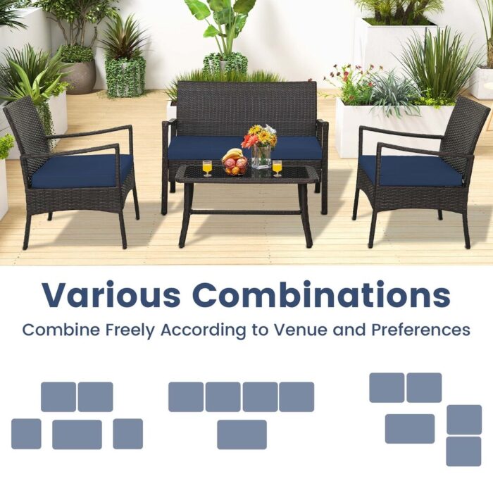 Costway 4PCS Patio Rattan Wicker Furniture Set Cushioned Sofa Armrest - See Details - Image 2