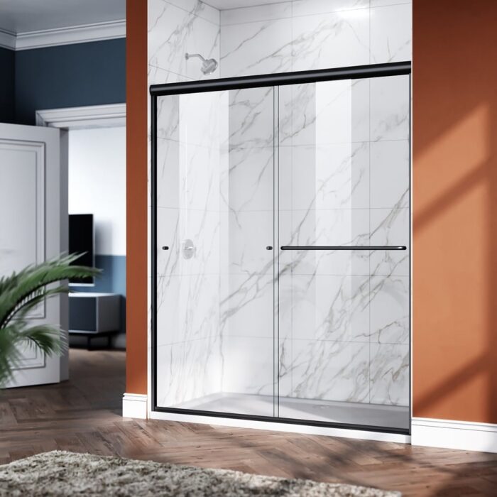 ELEGANT Semi-Frameless Double Sliding Shower Door Black Finish