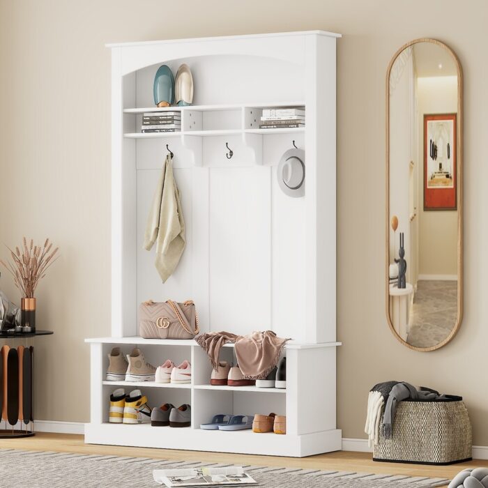47.2'' Wide Hall Tree with Bench and Shoe Storage with 3 Hanging Hooks & Open Storage Space, Rectangle Storage Shelves Coat Rack