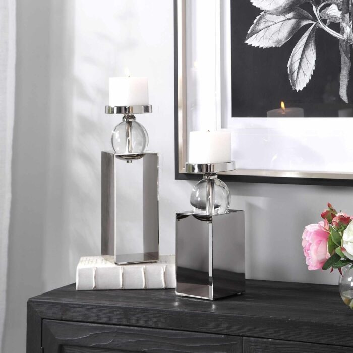 Uttermost Lucian 2 Piece Crystal and Steel Pillar Candlestick Set by - Image 2