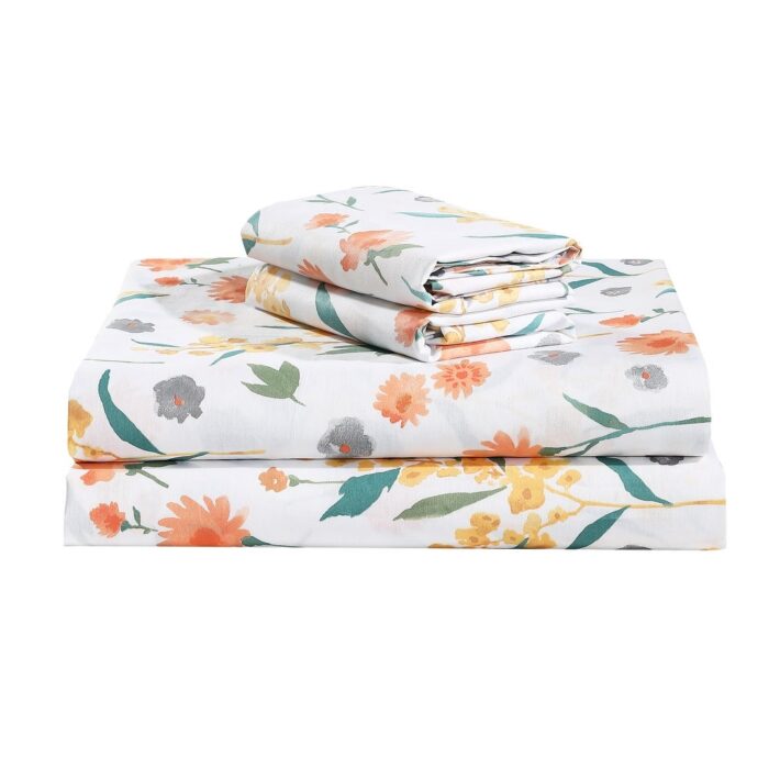 Estella Orange White Floral 100% Cotton Sheet Set with Pillowcase - Image 2