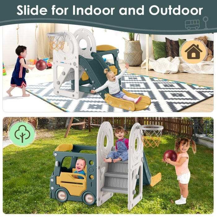 Green+Yellow 4 in 1 Toddler Slide, Kid Slide for Toddlers Age 1-3, Indoor Outdoor Bus Themed Toddler Playset Toddler Playground
