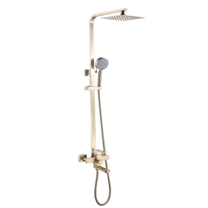 brushed gold wall mounted 3 way exposed shower with tub spout and 8 inch rain head - 7'6" x 10'9"