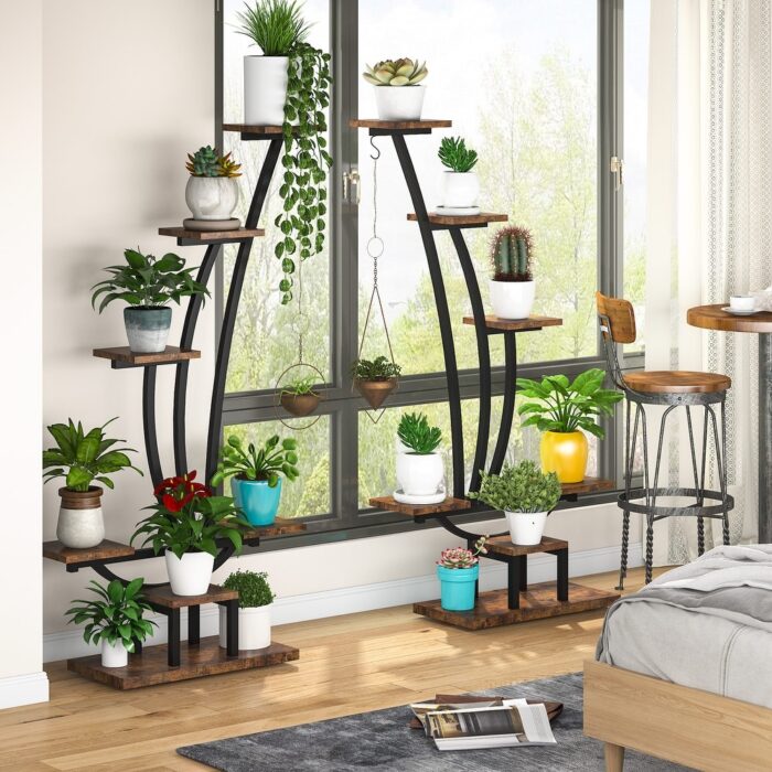 Wood Multi-Tiered Indoor Plant Stand with 6-Tier Shelf and Hooks(Pack of 2),6-Tier Bookcase for Living Room Home Office