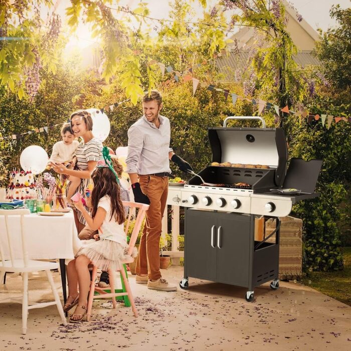 Outdoor 6+1 Burner BBQ Propane Gas Grill - 58000 BTUs Stainless Steel Patio Barbecue Grill with Stove and Side Table - Image 2
