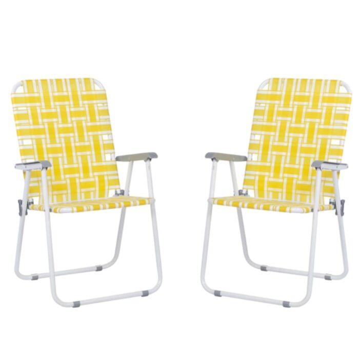 2pcs Steel Tube PP Webbing Bearing 120kg Folding Beach Chair Yellow & White Strip - 22 x 22 x 37.4