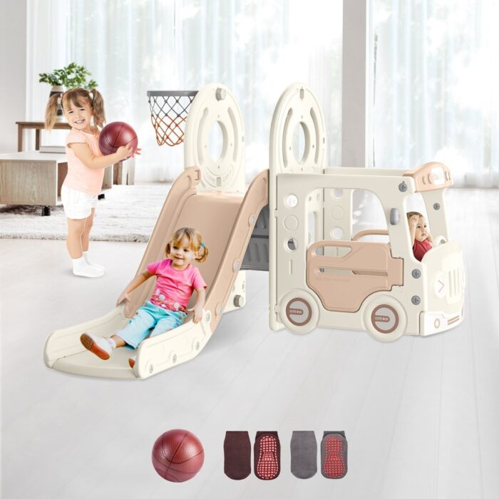 Beige Coffee 4 in 1 Toddler Slide, Kid Slide for Toddlers Age 1-3, Indoor Outdoor Bus Themed Toddler Playset Toddler Playground - Image 2