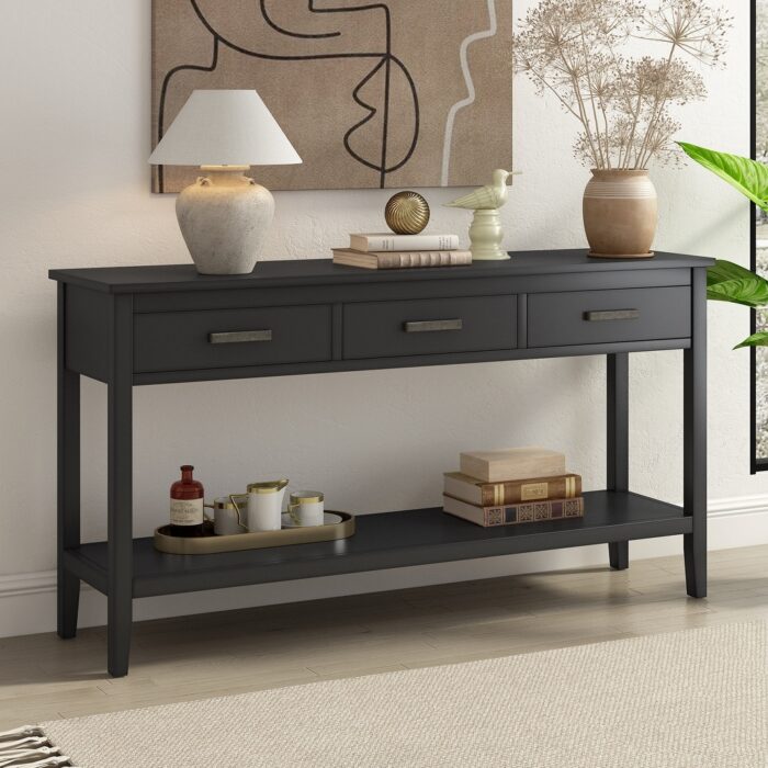 Vintage Style 3-Drawer 1-Shelf Console Table, Classic Entrance Display Table Entryway Table, Storage Sofa Table