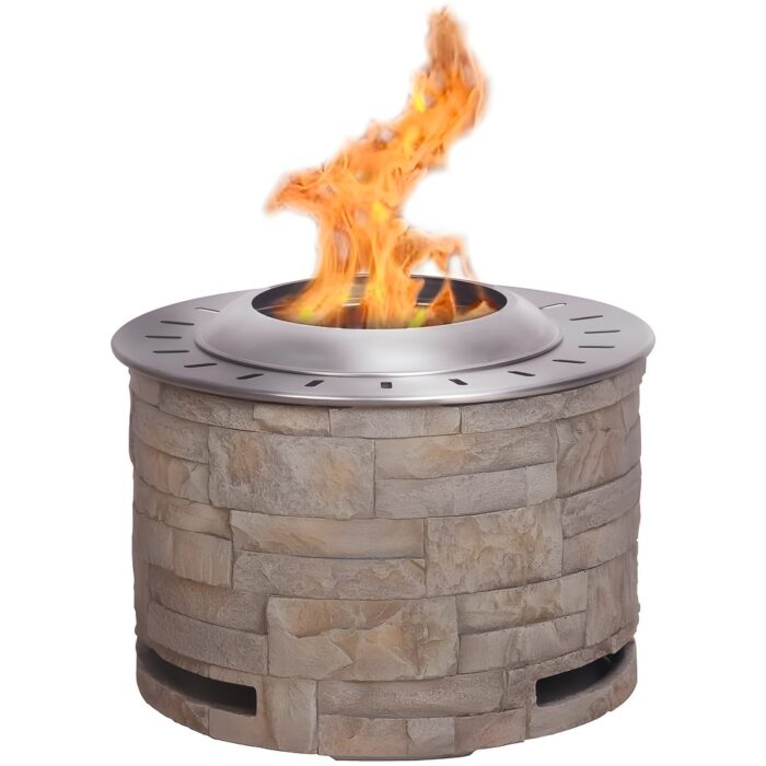 20.5" Round Smokeless Fire Pit Stackstone Look Stainless Steel Top & TerraFab Base Wood Burning for Outdoor Patio Garden - N/A