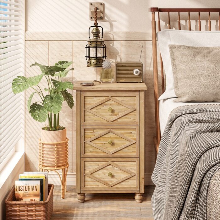 COZAYH Farmhouse 3-Drawer Nightstand, Woven Cattail Grass Slats Front Nightstand , Boho Bedside Table For Bedroom, Living Room - Image 2