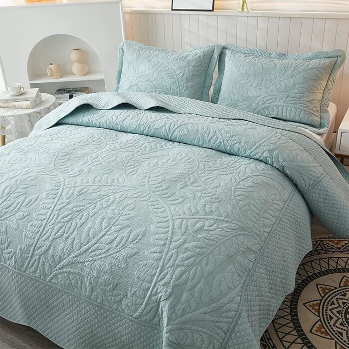 3pcs 100% Cotton Bedspread Set Coverlet Lightweight Quilt King Blue - Image 2