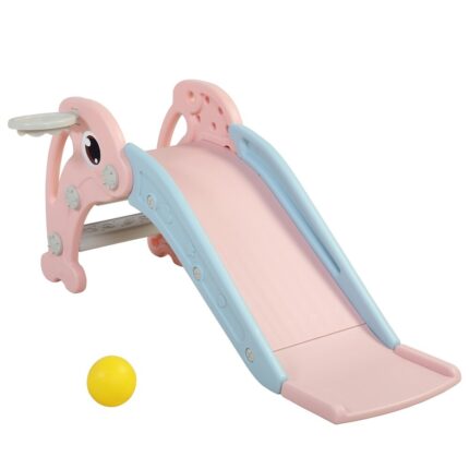 2 in 1 Slide, Toddler Freestanding Extra Long Slide with Basketball Hoop & Ball, Indoor Outdoor, Pink - Image 2