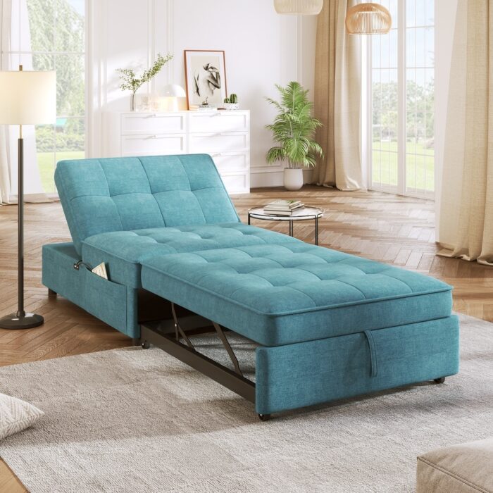 Pull-out Sleeper Sofa Folding Ottoman Recliner with Pocket, Teal Blue - Image 2