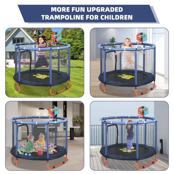 60" Trampoline for Kids, 5FT Trampoline with Enclosure Net, Mini Trampoline with Basketball Hoop, Recreational Trampolines - Image 2
