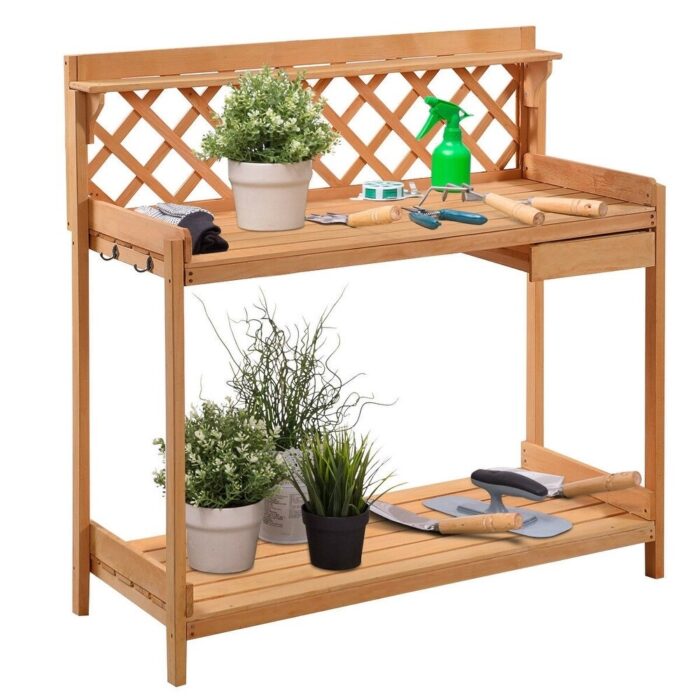Outdoor Home Garden Wooden Potting Bench with Storage Drawer - 45 1/4" x 20" x 45" (L x W x H)