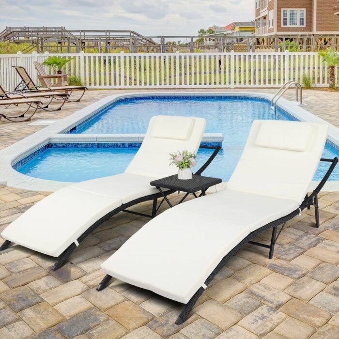Outdoor 3-Piece Patio Black Rattan Chaise Lounge Set with Cushions