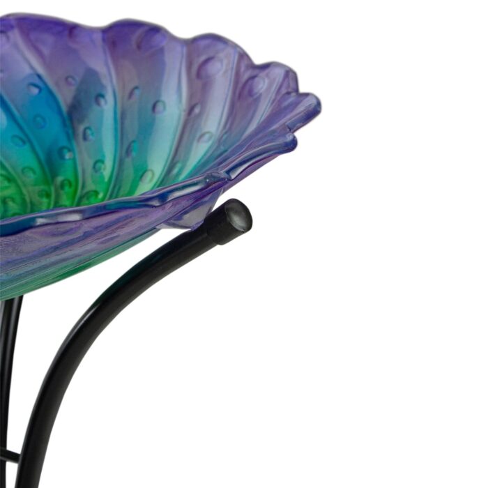 18" Purple and Green Swirled Hand Painted Glass Outdoor Birdbath - Image 2