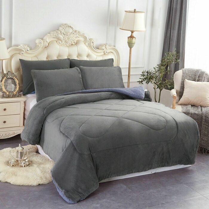 3 Pieces Comforter Set Blanket Thick Warm Soft Bedding King Grey