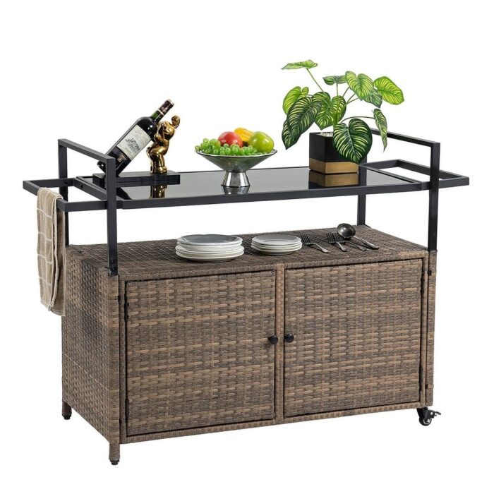 Outdoor Wicker Serving Cart Prep Station with Storage and Organization Space