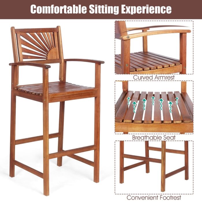 Set of 2 Bar Stools Outdoor Wood Bar Chairs with Sunflower Backrest - Image 2
