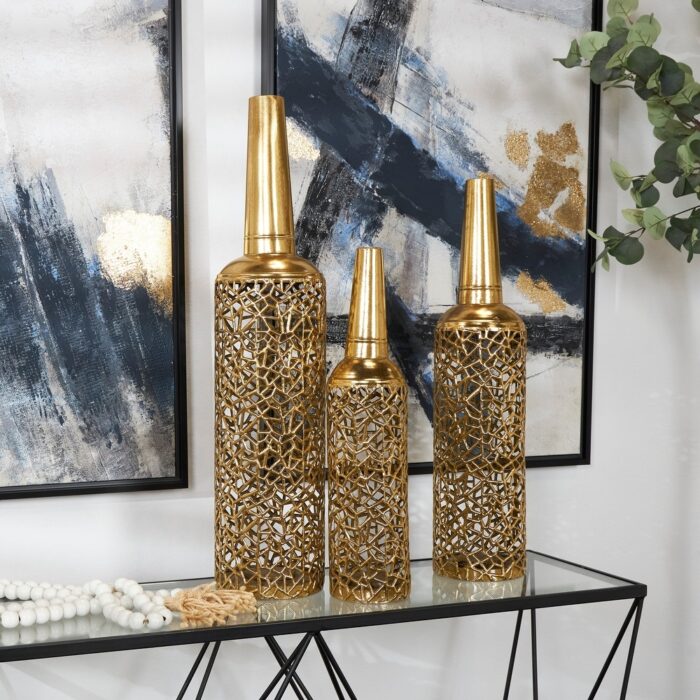 The Novogratz Gold Metal Abstract Patterned Vase with Open Frame Design (Set of 3) - 30, 25, 21"H