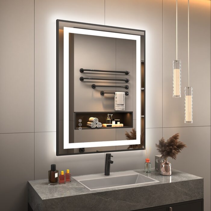 Apmir Black Metal Framed Double LED Defog Wall Bathroom Vanity Mirror - Image 2