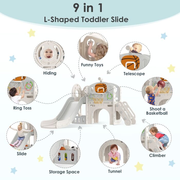 9 in 1 Toddler Playset with Slide, Ring Toss, Basketball Hoop and Telescope - Indoor Outdoor Toddler Playground - Image 2