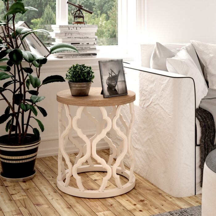 COZAYH Rustic Table, Distressed Wood Top Side Table with Curved Motif Frame Base for Boho, Farmhouse Decor