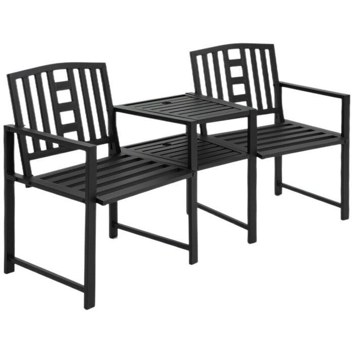 Outsunny Outdoor Double Tete-a-Tete Patio Lounge Chair with Center Coffee Table, Metal Frame and Umbrella Hole, Black - Image 2