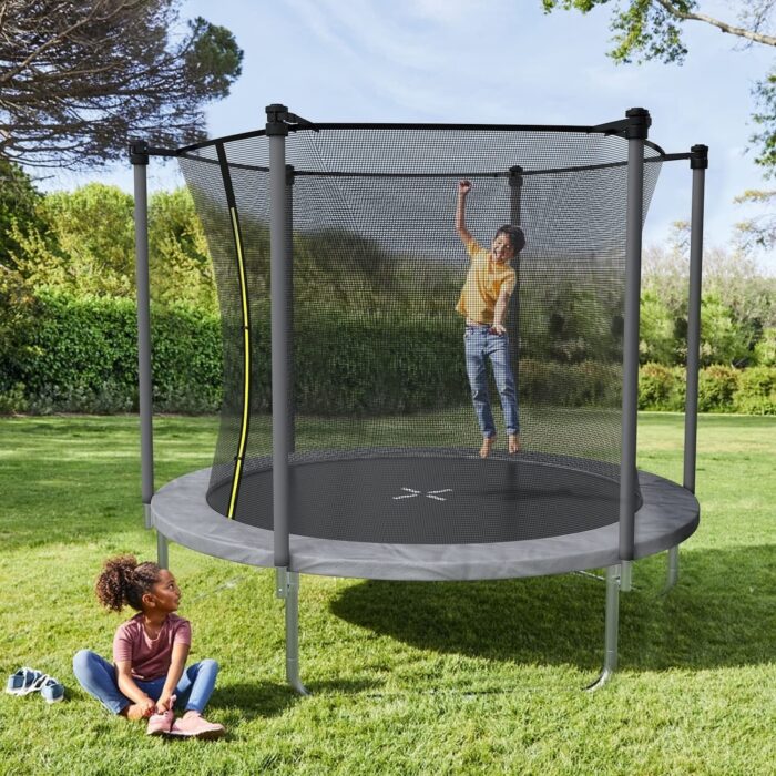 8 FT Trampoline for Kids, Trampoline with Enclosure Net, Recreational Outdoor Trampoline, ASTM Approved - Grey - Image 2