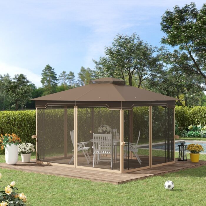 Outsunny 12' x 10' Outdoor Patio Gazebo Canopy with Double Tier Roof and Netting Sidewalls for Garden, Lawn, Backyard
