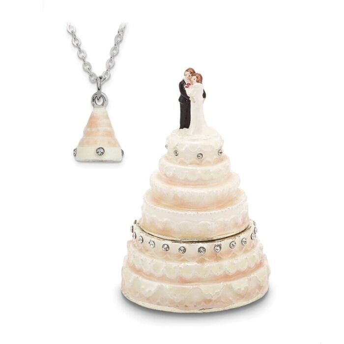 Curata Pewter Bejeweled Crystals Silver-Tone Enameled I Do Wedding Cake Trinket Box on 18 Inch Necklace - Image 2