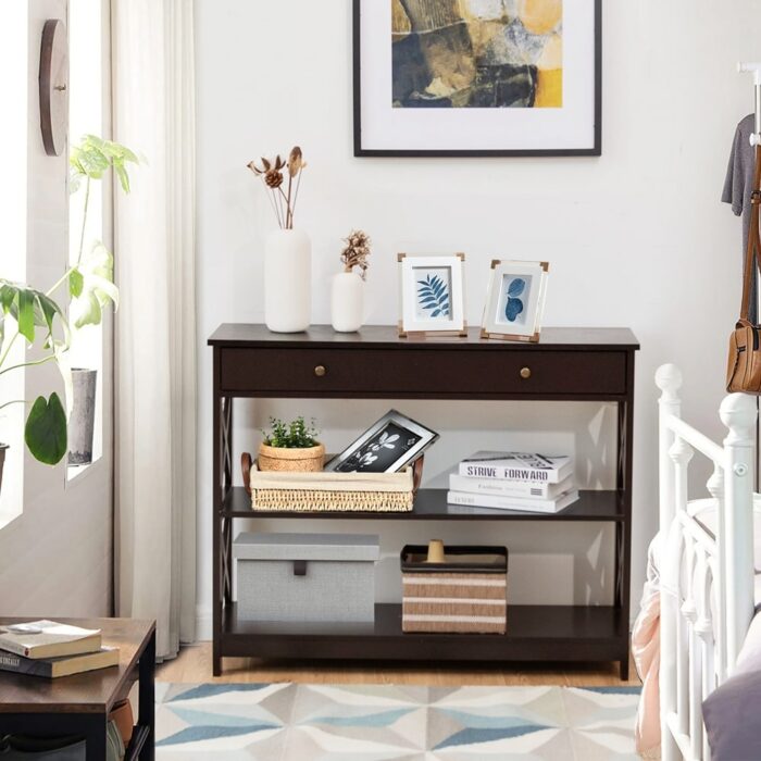 Costway 3-Tier Console Table X-Design Sofa Entryway Table with Drawer - Image 2
