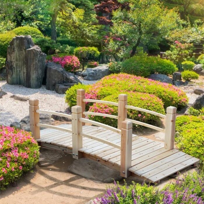 5 ft Wooden Garden Bridge Arc Stained Finish Footbridge with Railings