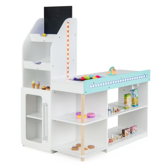 Wooden Kids Supermarket Playset with Cash Register and Shopping Cart-White - 40" x 24" x 43" - Image 2