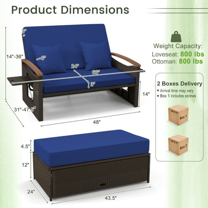 Gymax Outdoor Wicker Daybed Patio Loveseat & Storage Ottoman Set w/ - Image 2