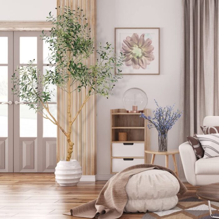Artificial Olive Tree Tall Fake Potted Natural Silk Tree with Planter Large Faux Olive Branches Fruits - Image 2