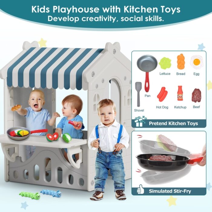 Blue Kids Playhouse with Cute Kids Pretend Play Kitchen Toys Set, Outdoor Playhouse for Toddlers Aged 1-3 - Image 2