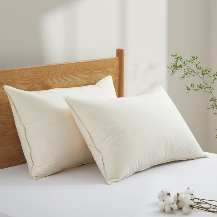 Set of 2 Organic Cotton Down Feather Bed Pillows for Sleeping, Pillow-in-a-pillow Design - White - Image 2