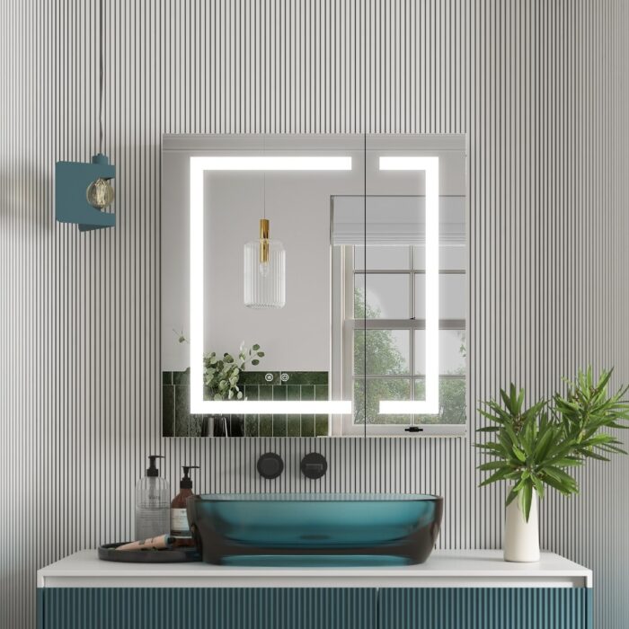 30" H Recessed or Surface LED Mirror Cabinet with Adjustable Glass Shelves,Defogger, Dimmer And Outlets & USB Ports