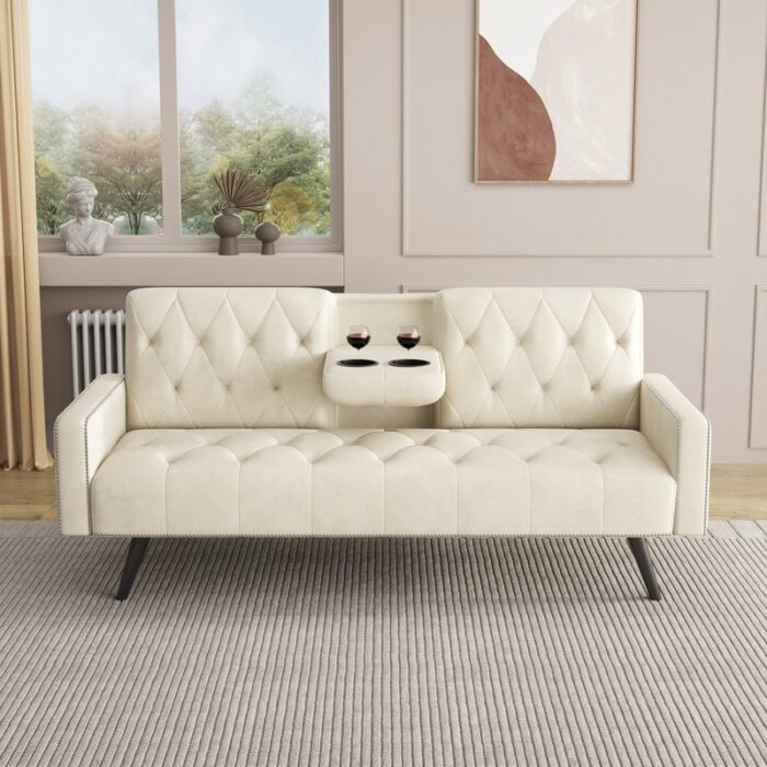 72" Velvet Daybed with Nail Head Trim and Cup Holders - Image 2