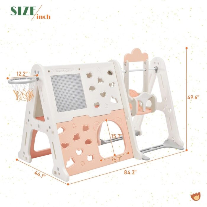 6-in-1 Toddler Climber and Swing Set: Climber, Swing, Tunnel, Whiteboard, Building Block Baseplates, and Basketball Hoop - Image 2