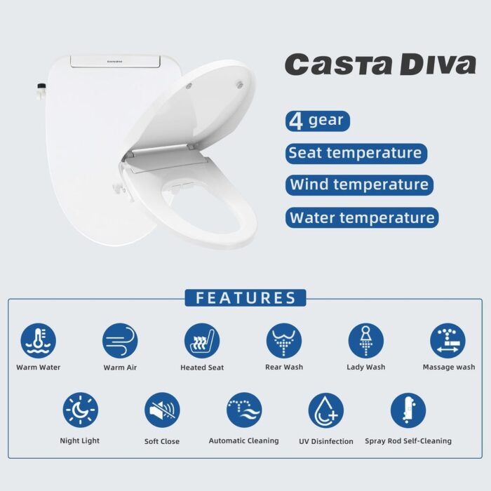Casta Diva Electronic Bidet Seat Elongated with Heated Seat Warm Water Dryer Remote Control - White - Image 2