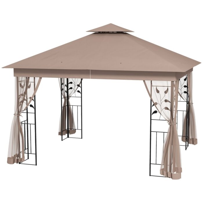 Outsunny 10' x 11.5' Metal Patio Gazebo, Double Roof Outdoor Gazebo Canopy Shelter with Tree Motifs Corner Frame and Netting - Image 2